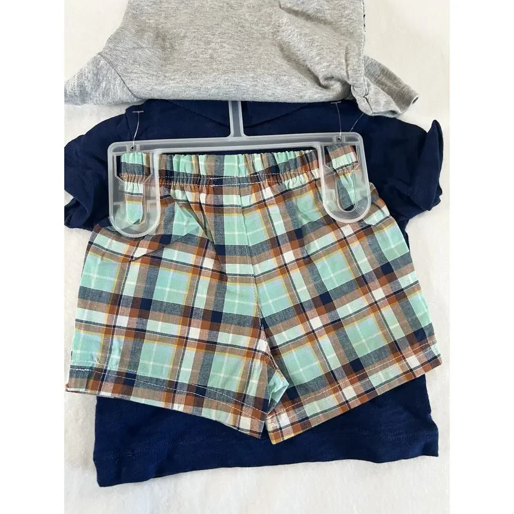 Carter's 3pc Outfit Set 0-3M Dinosaur Plaid Polo Bodysuit Shorts Cotton